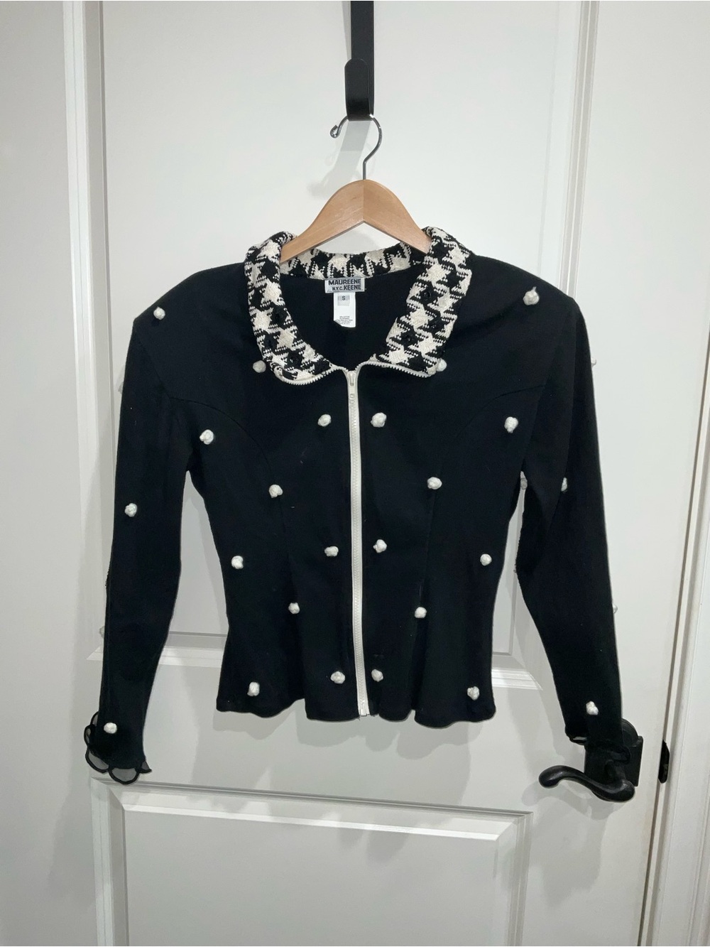 Black Knit Pearl-Embellished Zip Jacket with Tweed Collar